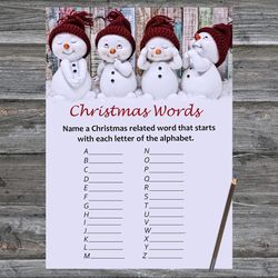Christmas party games,Christmas Word A-Z Game Printable,Snowman Christmas Trivia Game Cards