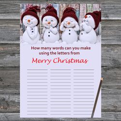 Christmas party games,How Many Words Can You Make From Merry Christmas,Snowman Christmas Trivia Game Cards