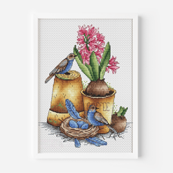 Blue Bird Counted Cross Stitch Pattern PDF, Flower Bouquet DIY Floral Pattern with Tiny Birds Nest Hand Embroidery