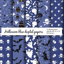 Halloween digital paper bundle, 15 blue seamless patterns in EPS and JPG formats, 300 dpi
