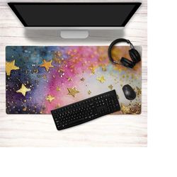 pink glitter gaming mousepad, aesthetic sparkle desk mat, xxl cosmic glitter mouse pad, gold stars extra large keyboard
