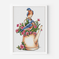 Bluebird Cross Stitch Pattern PDF, Bird Counted Cross Stitch Art, Floral Bouquet Hand Embroidery, Flower Decor, Sialia