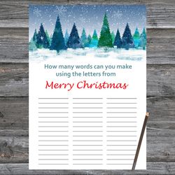 Christmas party games,How Many Words Can You Make From Merry Christmas,Winter forest Christmas Trivia Game Cards