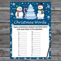 Christmas party games,Christmas Word A-Z Game Printable,Cute snowman Christmas Trivia Game Cards