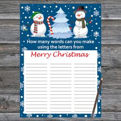 Christmas party games,How Many Words Can You Make From Merry Christmas,Cute snowman Christmas Trivia Game Cards