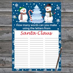 Christmas party games,How Many Words Can You Make From Santa Claus,Cute snowman Christmas Trivia Game Cards