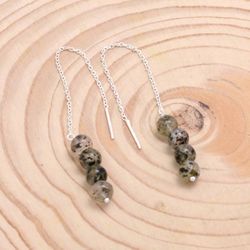black rutile 925 silver threader earrings, natural gemstone sterling silver women fringe earrings, handmade jewelry