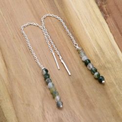 moss agate 925 silver threader earrings, natural gemstone sterling silver women fringe earrings, handmade jewelry