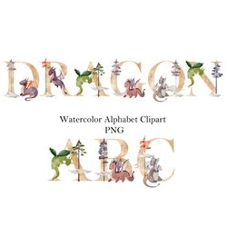 Watercolor dragons, animals letters, nursery alphabet, numbers.