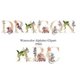 watercolor dragons, animals letters, nursery alphabet, numbers.