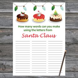 Christmas party games,How Many Words Can You Make From Santa Claus,Cake Christmas Trivia Game Cards