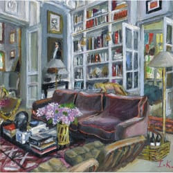 living room with a bouquet of lilacs. original acrylic painting 8x8"