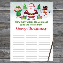 Christmas party games,How Many Words Can You Make From Merry Christmas,Santa Claus Christmas Trivia Game Cards