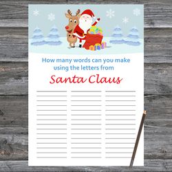 Christmas party games,How Many Words Can You Make From Santa Claus,Santa claus and reindeer Christmas Trivia Game Cards
