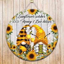 sunflower wishes and honey bee kisses round door hanger png, wood door hanger sublimation design, round sign png, digita
