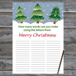 Christmas party games,How Many Words Can You Make From Merry Christmas,Tree Christmas Trivia Game Cards