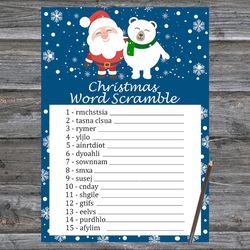 Christmas party games,Christmas Word Scramble Game Printable,Santa claus and polar bear Christmas Trivia Game Cards