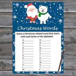 Christmas party games,Christmas Word A-Z Game Printable,Santa claus and polar bear Christmas Trivia Game Cards