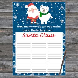 Christmas party games,How Many Words Can You Make From Santa Claus,Santa claus and polar bear Christmas Trivia Game Card