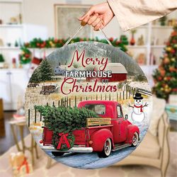 merry farmhouse christmas round door hanger png, wood door hanger sublimation design, round sign png, digital download