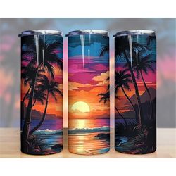 beach sunset ocean palm tree tumbler 20 oz skinny tumbler sublimation design, instant digital download png, straight & t