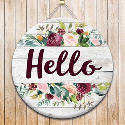 Hello Floral Sign Round Door Hanger Png, Wood Door Hanger Sublimation Design, Round Sign Png, Digital Download