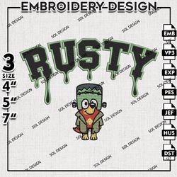 Drop Name Frankenstein Rusty Halloween Embroidery Designs, Halloween Embroidery Files, Bluey Machine Embroidery Designs
