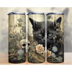 black cat and skull tumbler wrap, princess tumbler png, 20oz skinny tumbler sublimation, halloween tumbler wrap