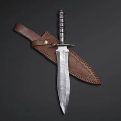 custom handmade damascus steel dagger hunting knife with leather sheath