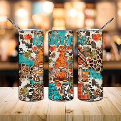 welcome fall gnome tumbler png, cute gnome 20oz skinny tumbler sublimation, thanksgiving tumbler wrap design