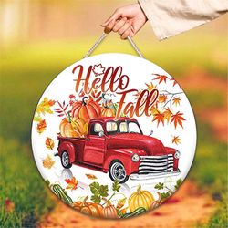 hello fall pumpkin round door hanger png, wood door hanger sublimation design, round sign png, digital download