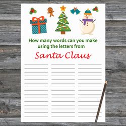 Christmas party games,How Many Words Can You Make From Santa Claus,Snowman and tree Christmas Trivia Game Cards