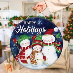 Happy Holidays Snowman Round Door Hanger Png, Wood Door Hanger Sublimation Design, Round Sign Png, Digital Download