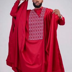 African Agbada for Men, Traditional African Designs, 3pcs Matching Suit With Embroidery-RED