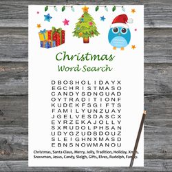 Christmas party games,Christmas Word Search Game Printable,Christmas tree and owl Christmas Trivia Game Cards