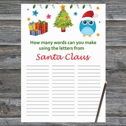 Christmas party games,How Many Words Can You Make From Santa Claus,Christmas tree and owl Christmas Trivia Game Cards