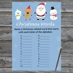 Christmas party games,Christmas Word A-Z Game Printable,Happy Santa claus Christmas Trivia Game Cards