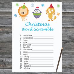 Christmas party games,Christmas Word Scramble Game Printable,Happy winter animals Christmas Trivia Game Cards