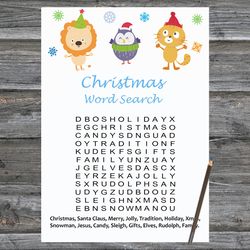 Christmas party games,Christmas Word Search Game Printable,Happy winter animals Christmas Trivia Game Cards