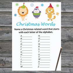 Christmas party games,Christmas Word A-Z Game Printable,Happy winter animals Christmas Trivia Game Cards