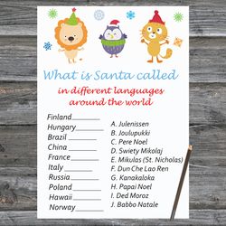 Christmas party games,Christmas Around the World Game Printable,Happy winter animals Christmas Trivia Game Cards