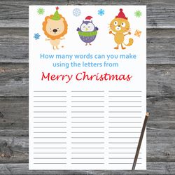 Christmas party games,How Many Words Can You Make From Merry Christmas,Happy winter animals Christmas Trivia Game Cards
