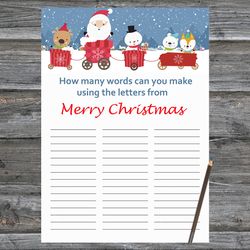 Christmas party games,How Many Words Can You Make From Merry Christmas,Santa claus train Christmas Trivia Game Cards