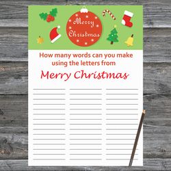 Christmas party games,How Many Words Can You Make From Merry Christmas,Merry Christmas Trivia Game Cards