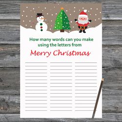 Christmas party games,How Many Words Can You Make From Merry Christmas,Santa Claus Snowman Christmas Trivia Game Cards