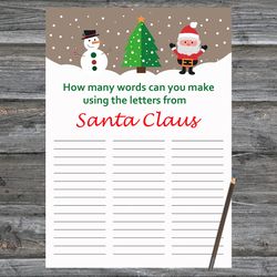 Christmas party games,How Many Words Can You Make From Santa Claus,Santa Claus and Snowman Christmas Trivia Game Cards