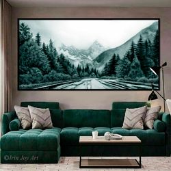 Green gray monochromatical panoramic landscape wall art Road Nature Pine tree Forest Mountains print Modern abstract