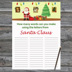 Christmas party games,How Many Words Can You Make From Santa Claus,Happy Santa Claus Christmas Trivia Game Cards