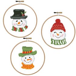 Snowman in hats set cross stitch pattern Christmas cross stitch Snowman in hoop Christmas pdf pattern Winter design