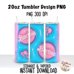 Inflated Puffy Barbie 20oz Skinny Tumbler Sublimation Wrap PNG, Waterslide, UV DTF,  Digital Instant Download